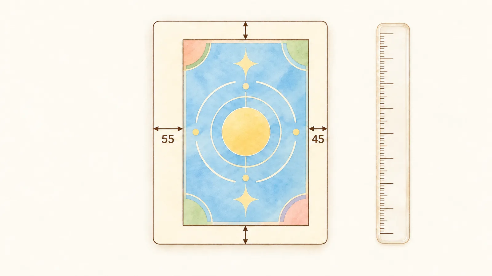 センタリングの見方のイラスト。カードの左右と上下の枠の幅を矢印で比べ、左の枠が55、右の枠が45の比率になっている例
