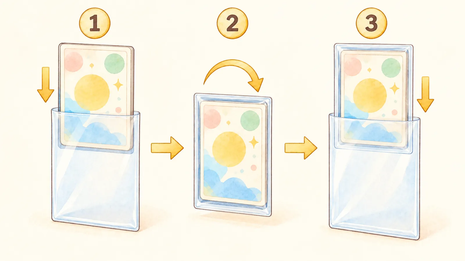 二重スリーブの手順のイラスト。1 カードを上からインナースリーブに入れる、2 インナーに入れたカードを上下逆さにする、3 インナーの口が下になった状態でアウタースリーブに上から入れる