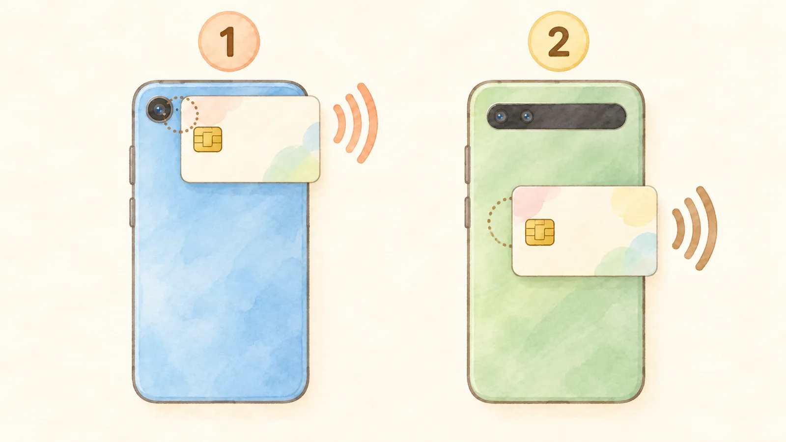 2台のスマホの背面に無地のICカードを当てた図。1台目は上部のカメラ付近、2台目は背面の中央