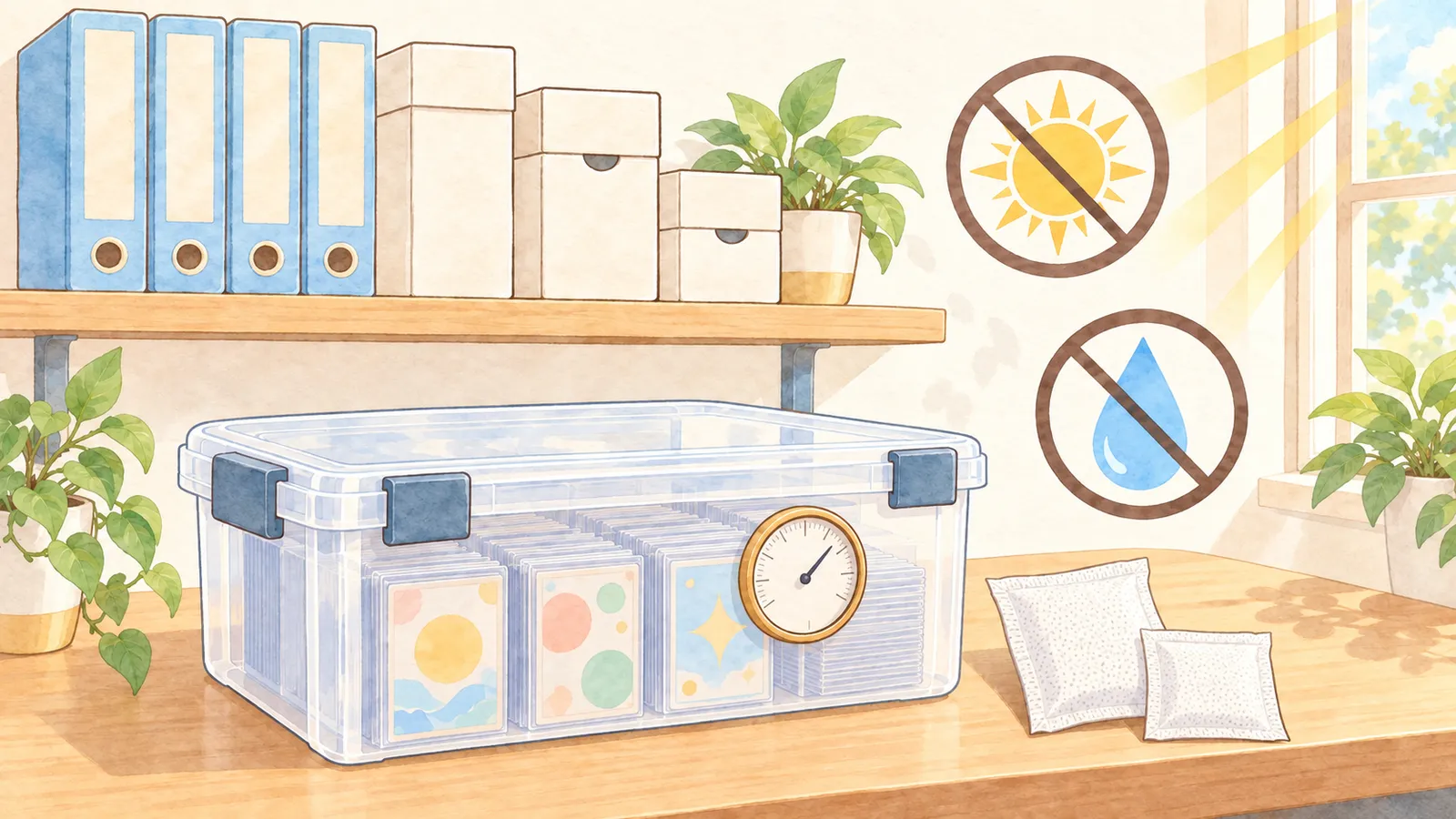 トレカの保管のポイントをまとめたイラスト。湿度計と乾燥剤を入れた密閉ケース、棚に立てて収納したファイルと箱、直射日光と湿気を避けるアイコン