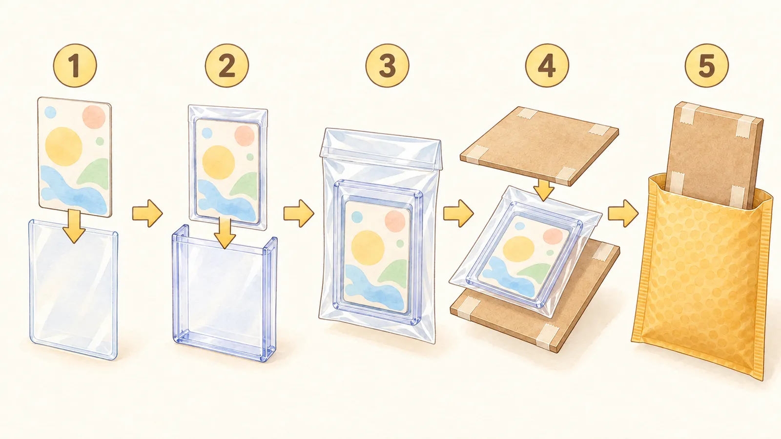 シングルカード1枚の梱包手順のイラスト。1 スリーブに入れる、2 ローダーに差し込む(テープは貼らない)、3 テープ付きOPP袋に入れて袋の口で封をする、4 厚紙2枚で挟み厚紙どうしをテープで留める、5 クッション封筒に入れる